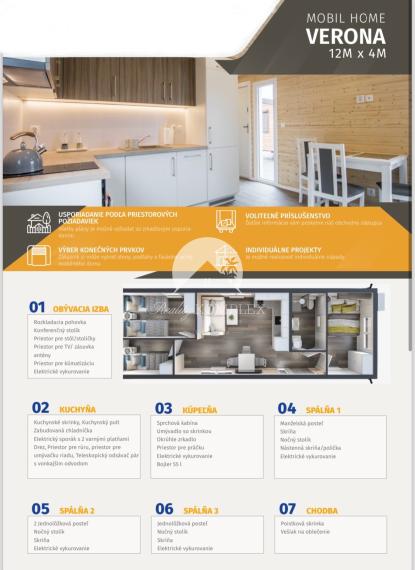 Exkluzívne iba u nás Vám Reality KOMPLEX s.r.o., ponúka na PREDAJ nový CELOROČNE OBÝVATEĽNÝ MOBILNÝ DOM VERONA s rozmerom 12x4m!!!