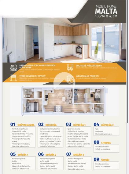 Exkluzívne iba u nás Vám Reality KOMPLEX s.r.o., ponúka na PREDAJ nový CELOROČNE OBÝVATEĽNÝ MOBILNÝ DOM MALTA s rozmerom 13,2x4,3m!!!